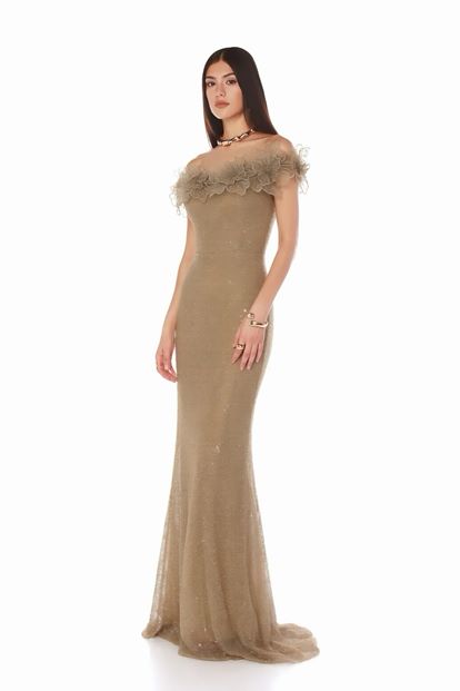 Bej Çiçek Nakışlı Payetli Abiye Elbise